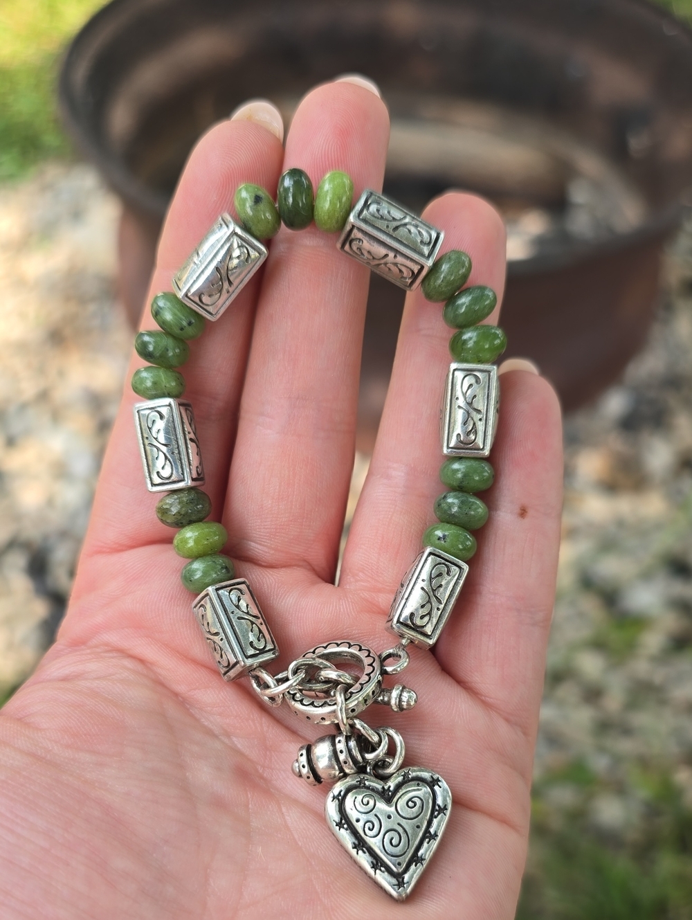 Brighton Retired Serpentine Green Jade & Silver Scroll Beaded Bracelet
